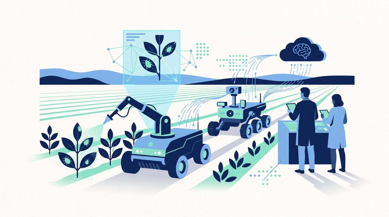 Illustration of AI-Guided Robotic Pest Control for Smart Agriculture
