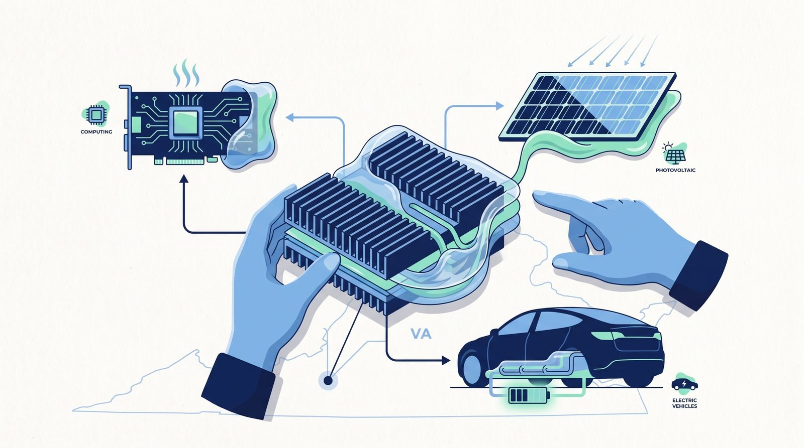 Illustration of A Hydrogel Heat Sink for GPUs, Solar Panels and Electric Vehicles