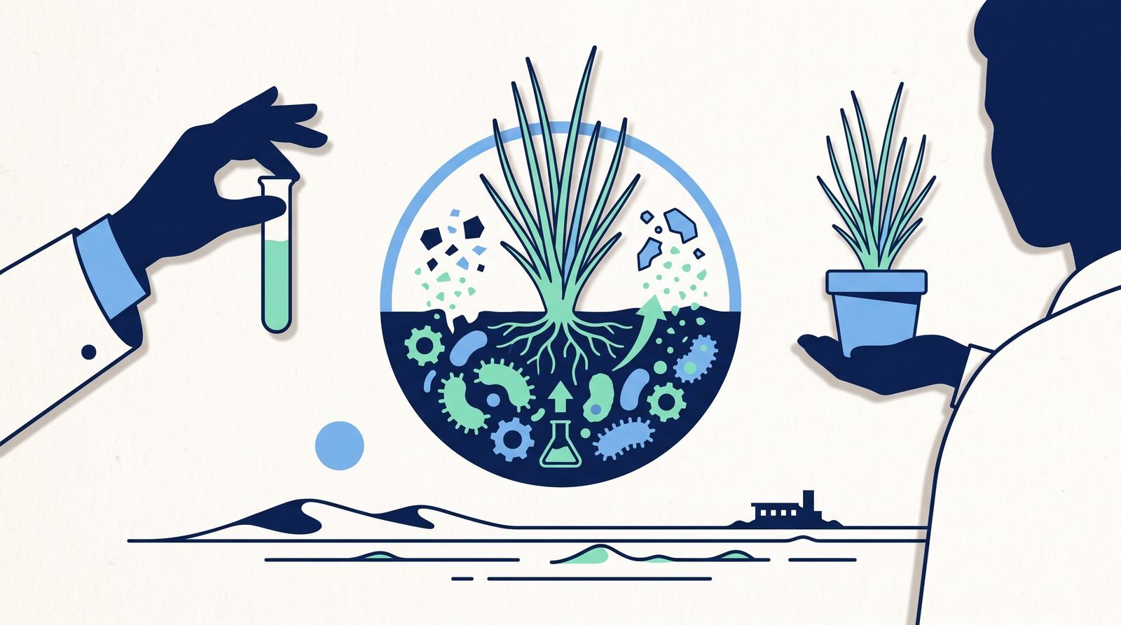 Illustration of Plants and Microbes Engineered to Degrade Microplastics
