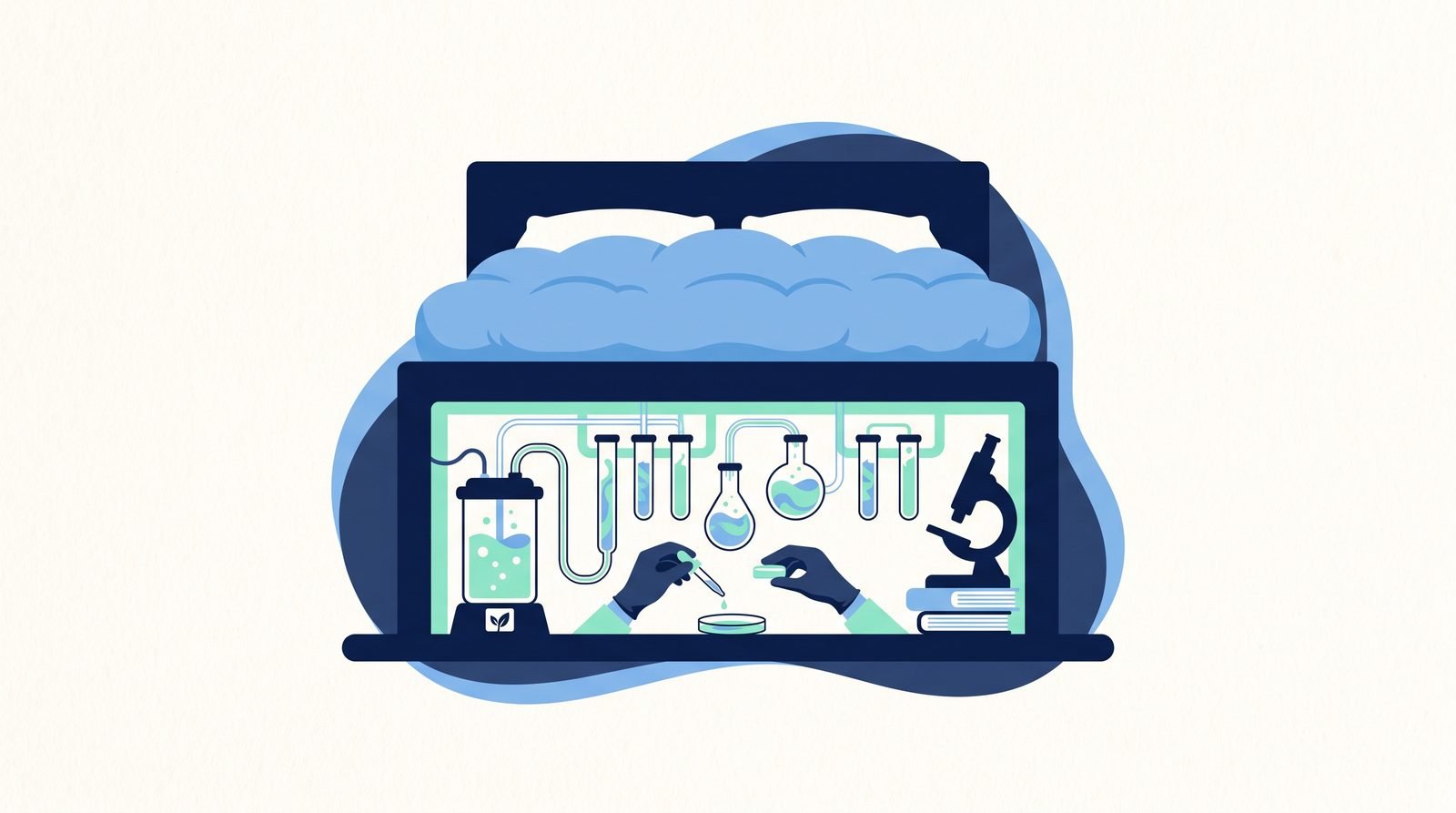 Illustration of Artificial selection of algae for high oil yield, run in a lab under her bed