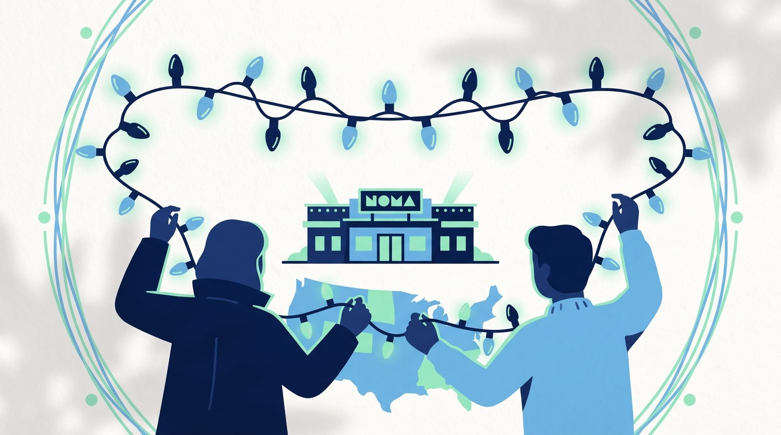 Illustration of Popularised safe electric Christmas-tree string lights; co-founded NOMA Electric