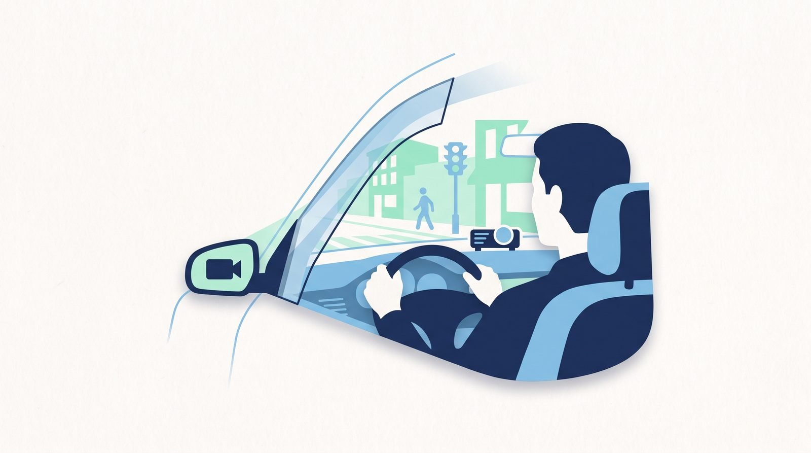 Illustration of Camera-and-projector system that makes a car's A-pillar blind spot 'see-through'