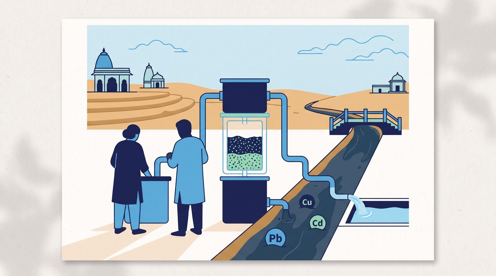 Illustration of Low-cost adsorbent device removing lead, copper and cadmium from surface runoff